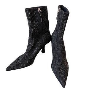 Zara Rhinestone Ankle Boots Womens 40 Black Excellent Pointed Toe Kitten Heel